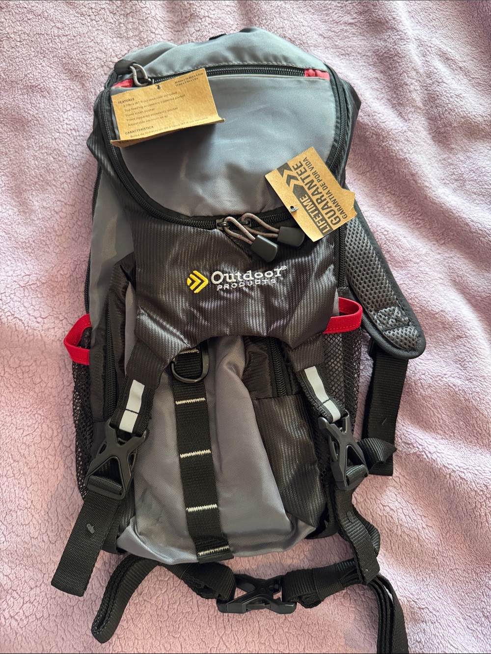 Outdoor Products Gray and Black Hydration Backpack with Red Accents